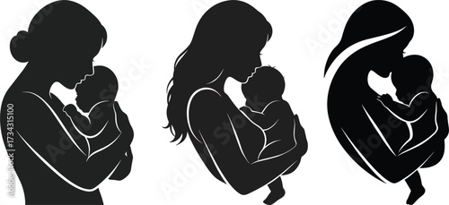 Mother and baby silhouettes in embrace on white background mother, baby, child, infant, three, tenderly, tender, happiness, devotion, love, family, bond, outline, holding, profile, mothers, newborn, i