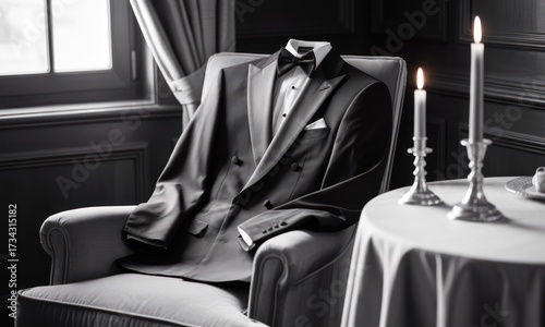 A formal tuxedo, bow tie, and pocket square draped on a chair near candles and a table
