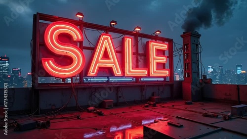 Bold neon 'SALE' sign illuminates a rooftop at dusk, signaling commerce amidst an urban night.