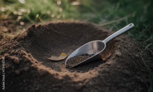 A freshly dug circular hole in the earth next to a metal scoop filled with soil, outdoors