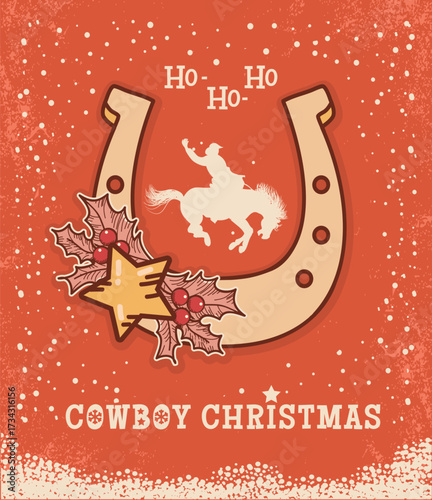 Cowboy Christmas vintage vector red illustration. Featuring beautifully designed horseshoe filled with cowboy riding wild horse and holly berry decor on old paper snowflakes background with howdy Chri