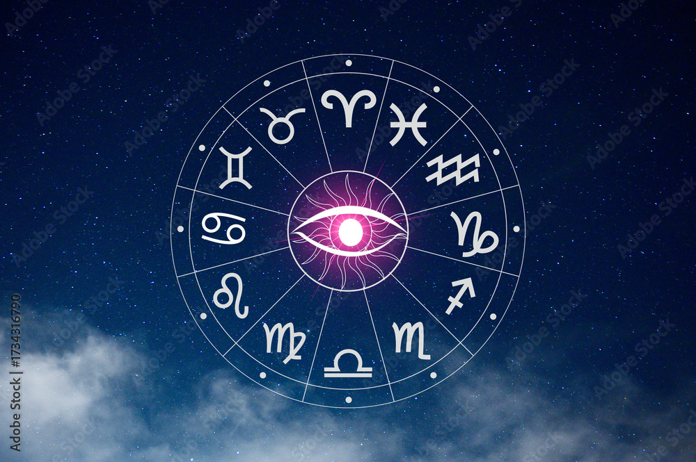 Fototapeta premium Zodiac signs, astrology and horoscopes concepts. Zodiac signs inside of horoscope circle. Astrology in the sky with many stars and moons astrology and horoscopes concept