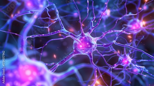 Epilepsy Awareness Month. Photorealistic scientific illustration of neurons and synapses with electrical impulses, microscopic view of brain cells during seizure activity, purple glowing connections