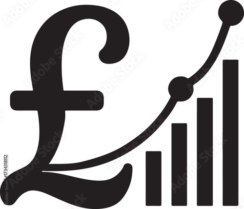 Black pound sterling symbol icon illustrating financial growth and positive economic trends with a rising bar chart and trend line