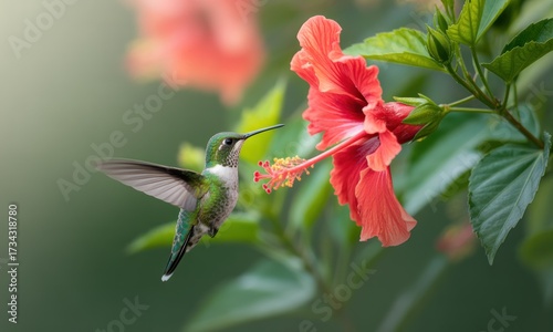 A hummingbird extends its long beak to a vibrant red hibiscus flower, wings spread mid-flight