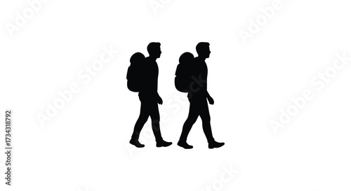 Three men walking with backpacks against a bright white background silhouette