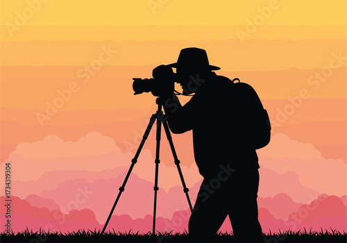 Photographer with Camera on Tripod at Sunset vector, Photographer, Camera, Sunset, Tripod, Vector, Photography, Landscape, Outdoor, Nature, Silhouette, Art, Travel, Golden, Hour, Digital, Graphic, Ill