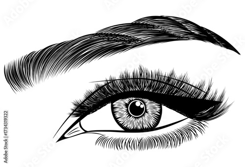 Illustration with woman's eye, eyelashes and eyebrow. Makeup Look. Tattoo design. Logo for brow bar or lash salon.