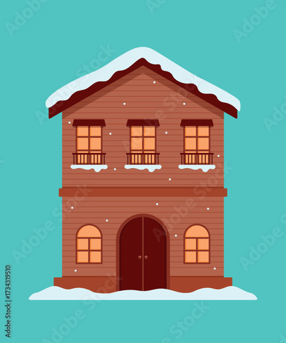 Cozy winter house building vector illustration snow covered roof with icicles for christmas