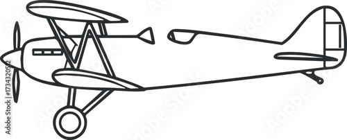 A simple outline illustration of a vintage biplane aircraft with a propeller..