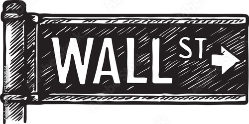 Hand drawn sketch of a black and white wall street sign with an arrow pointing to the right indicating direction