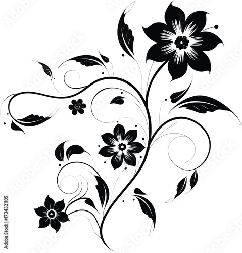 Elegant black and white floral pattern with intricate vintage leaf and flower silhouettes, perfect for abstract vector design elements or background decoration