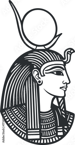 Stylized illustration of an ancient Egyptian female figure with elaborate headdress and regalia..