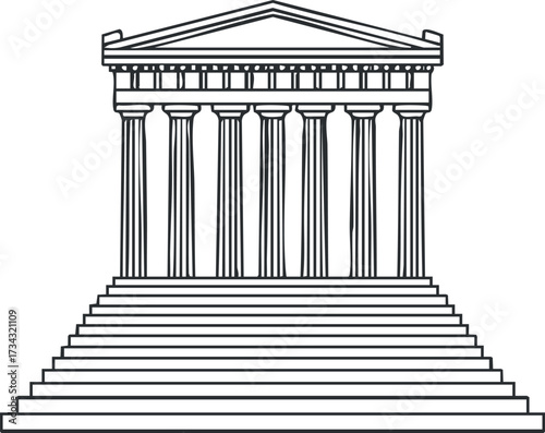 A detailed line drawing of a classical temple with columns and steps..