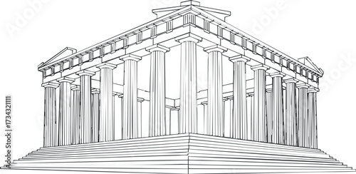 Line art illustration of an ancient Greek temple showcasing its columns and structure..