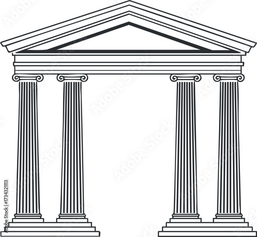 A classic architectural illustration of a temple with detailed columns and a pediment..
