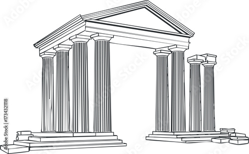 Outline of a classical temple with columns and steps representing ancient architecture..