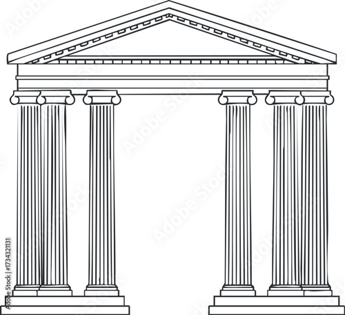 An outline drawing of a classical temple structure with columns and a triangular roof..