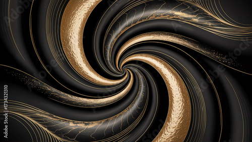 Abstract swirling vortex of metallic gold and dark charcoal textures creating a mesmerizing hypnotic spiral effect with a sense of depth and movement