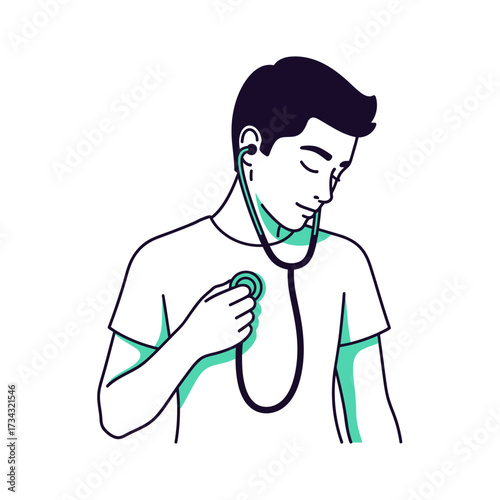 A young man uses a stethoscope to listen to his own heartbeat, depicted in a clean, minimalist line drawing style.