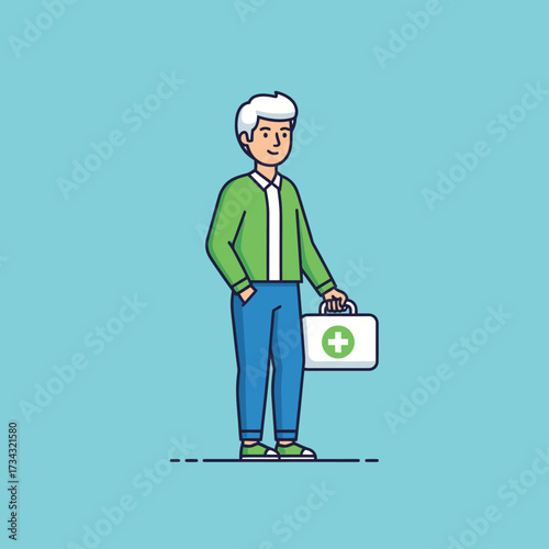 A friendly, smiling man with white hair stands holding a white medical kit with a green cross symbol.