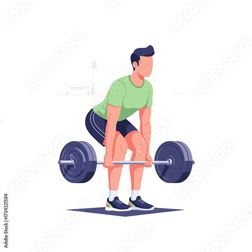 A person performing a deadlift exercise, lifting a barbell with weights.