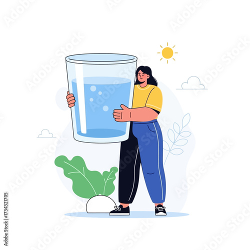 Woman holding a giant glass of water with bubbles, standing near a plant under a sunny sky.