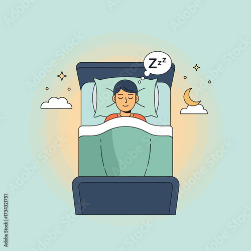 A peaceful young person sleeping soundly in a comfortable bed under a starry night sky with a crescent moon.