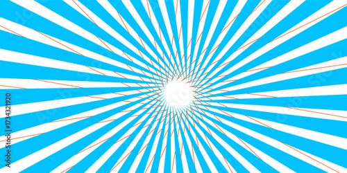  Orange blue curved sunburst wallpaper. Abstract warped sun rays and beams comic texture. Vintage summer backdrop for posters, banners, templates. Vector illustration