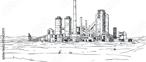 An industrial factory complex depicted in a minimalist black and white outline style..