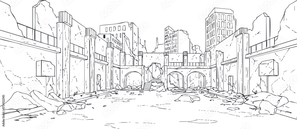 Obraz premium Outline illustration of a ruined cityscape featuring abandoned buildings and debris..