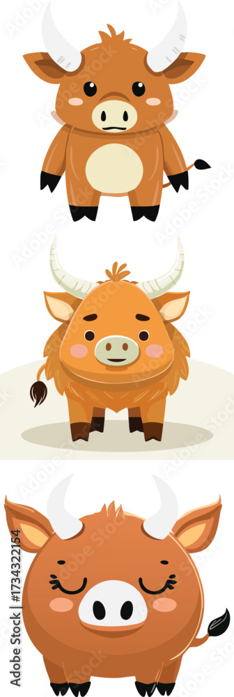 Obraz premium A cute, cartoon red boar with oversized white horns, a sleepy expression, and a chunky body,.