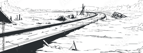 A desolate landscape featuring an abandoned road winding through a flooded, post-apocalyptic scene..