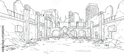 Outline illustration of a ruined cityscape featuring abandoned buildings and debris..
