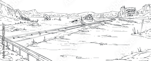 A black and white illustration of a desolate post-apocalyptic landscape with ruins and abandoned infrastructure..