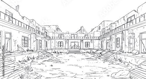 Detailed line art illustration of an abandoned building with a courtyard and overgrown vegetation..