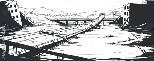 A stark illustration of a destroyed bridge and ruins in a desolate landscape..