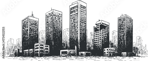 Illustration of a city skyline featuring a variety of modern buildings in monochrome style..
