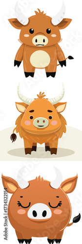 A cute, cartoon red boar with oversized white horns, a sleepy expression, and a chunky body,.