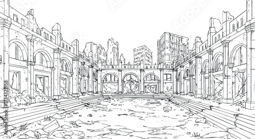 A detailed sketch of abandoned ruins with overgrown vegetation and a historical architectural style..