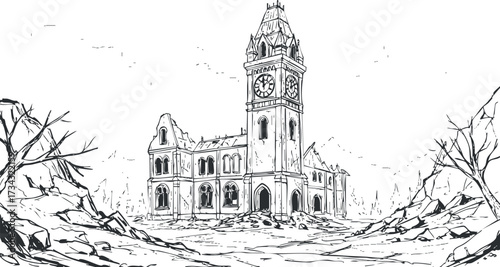 A detailed black and white illustration of an abandoned clocktower in ruins..