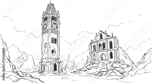 A detailed line drawing of a desolate landscape featuring an abandoned clock tower and ruins..