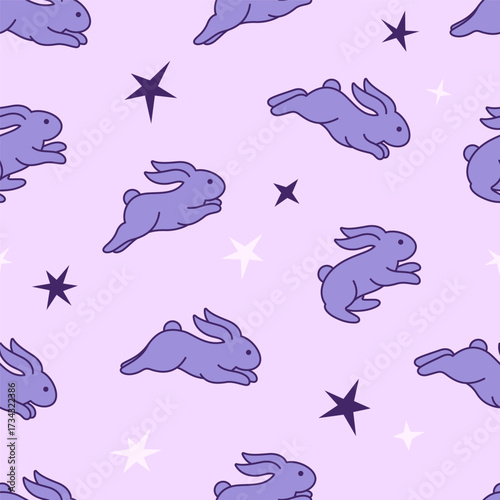 Jumping bunnies, little rabbits, hares among stars seamless pattern, background. Magic, dreamy, astrological, fantasy illustration