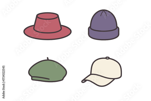 Collection of various headwear designs including a wide-brimmed hat, beanie, beret, and baseball cap