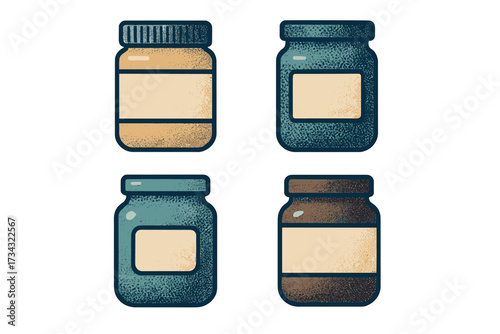 A collection of stylized food jars featuring unique textured fills and customizable blank labels, ideal for kitchen pantry organization and storage concepts