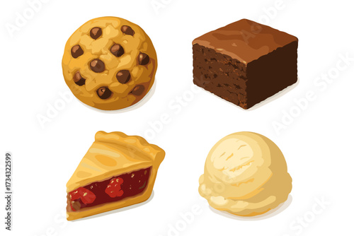Delicious assortment of classic baked goods and frozen dessert treats including chocolate chip cookie, brownie, berry pie, and vanilla ice cream