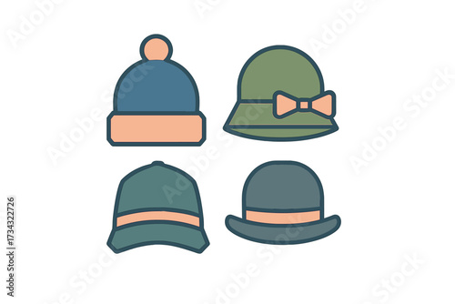 Assortment of stylish headwear designs: warm beanie, fashionable cloche, sporty cap, and traditional bowler hat