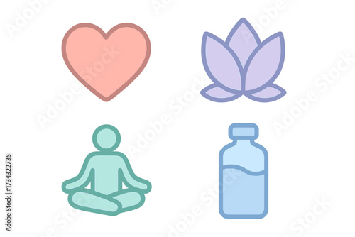 Minimalist set of wellness icons depicting heart, lotus flower, meditating figure, and water bottle for health concepts
