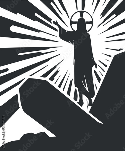 A powerful silhouette of Jesus Christ rising with radiant light in the background..