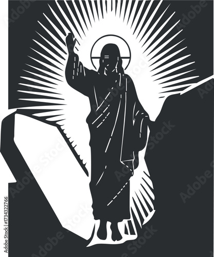 Silhouette of Jesus with light rays symbolizing spirituality and divine presence..